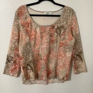 Vintage Y2K Pink Tan Lace Corset Style Regency Fairycore Fairy Boho Blouse XL